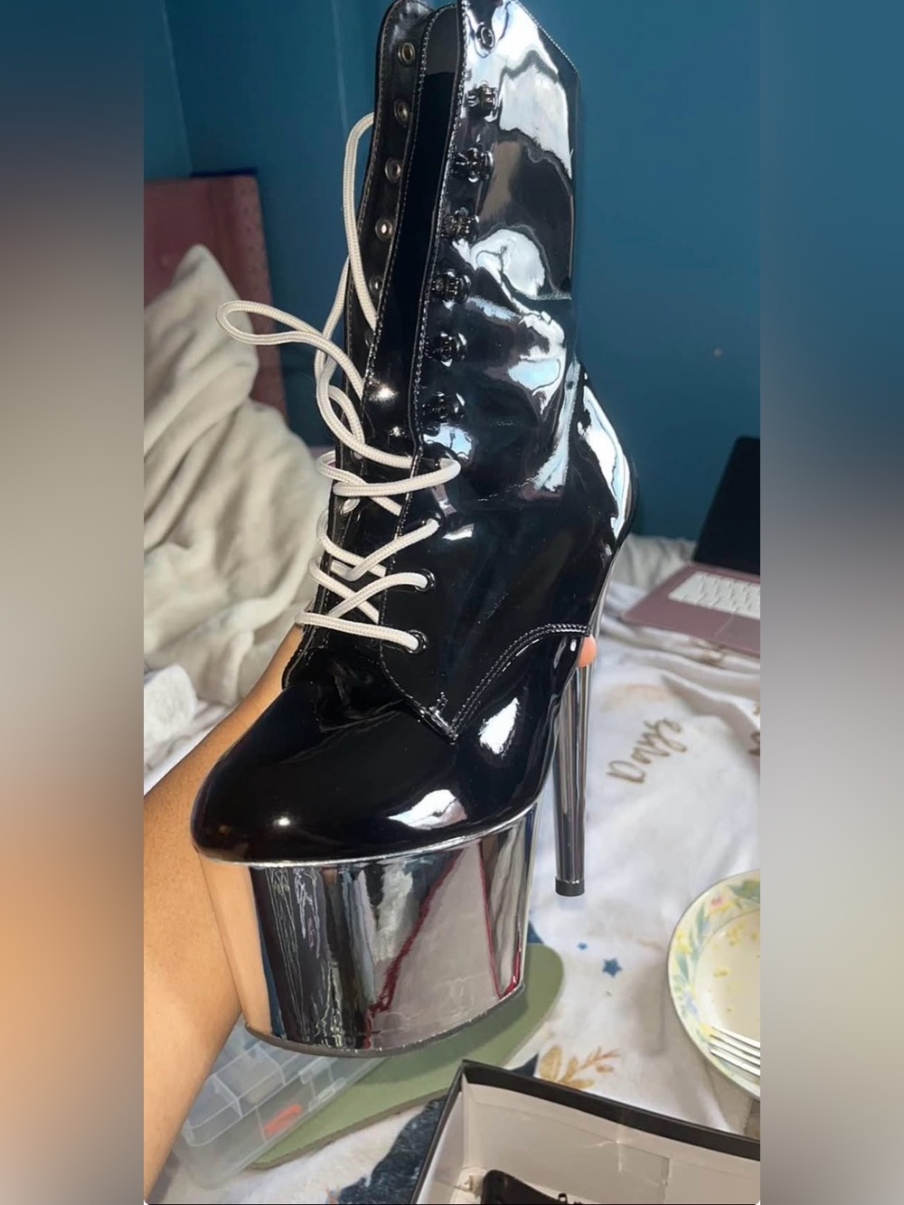 Pleaser Black Patent Platform Ankle Boots Chrome Heel A28 size 10